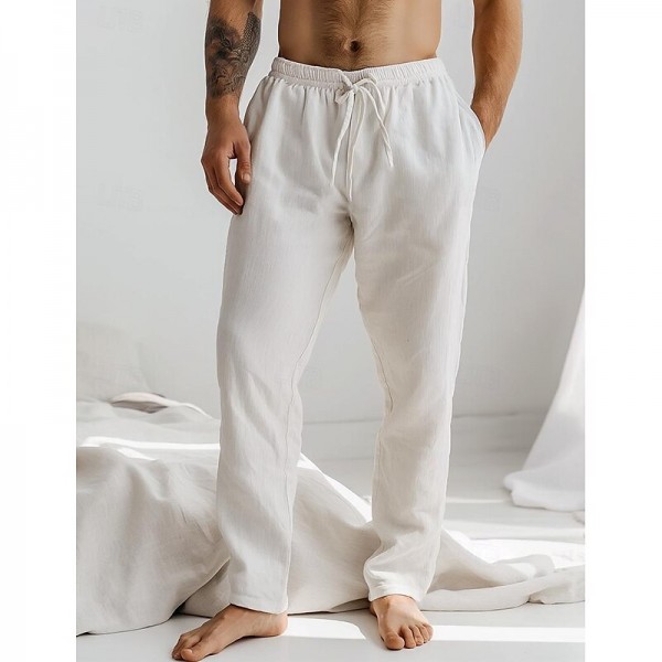 Men's Linen Pants Trousers Summer Pants Drawstring Elastic Waist Plain Comfort Breathable Full Length Daily Beach Fashion Simple White Blue Micro-elastic Men's Linen Pants Trousers Summer Pants Drawstring Elastic Waist Plain Comfort Breathable Full Length Daily Beach Fashion Simple White Blue Micro-elastic