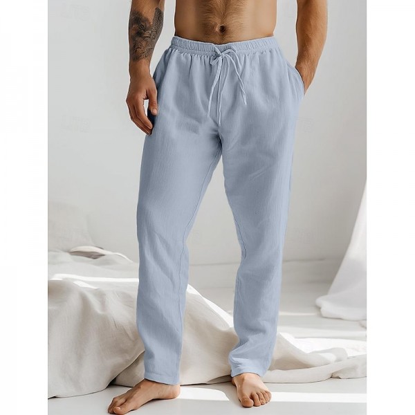 Men's Linen Pants Trousers Summer Pants Drawstring Elastic Waist Plain Comfort Breathable Full Length Daily Beach Fashion Simple White Blue Micro-elastic Men's Linen Pants Trousers Summer Pants Drawstring Elastic Waist Plain Comfort Breathable Full Length Daily Beach Fashion Simple White Blue Micro-elastic