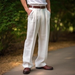 Men&#039;s Linen Pants Trousers Summer Pants Front Pocket Pleats Straight Leg Plain Comfort Breathable Casual Daily Holiday Fashion Basic Black White