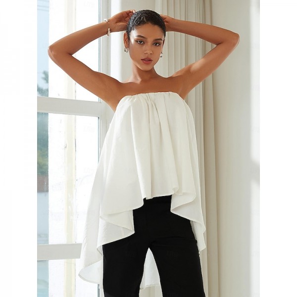 Cotton Shirred Bandeau Irregular Hem Shirt Cotton Shirred Bandeau Irregular Hem Shirt