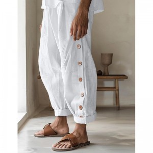Men&#039;s Linen Pants Trousers Summer Pants Button Front Pocket Side Button Plain Comfort Breathable Full Length Casual Daily Holiday Fashion Basic Black White