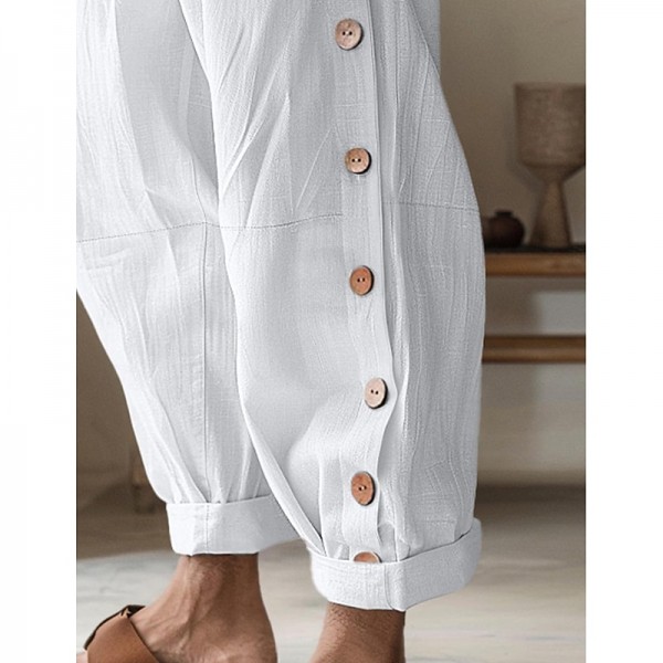Men&#039;s Linen Pants Trousers Summer Pants Button Front Pocket Side Button Plain Comfort Breathable Full Length Casual Daily Holiday Fashion Basic Black White