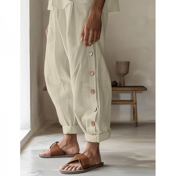 Men&#039;s Linen Pants Trousers Summer Pants Button Front Pocket Side Button Plain Comfort Breathable Full Length Casual Daily Holiday Fashion Basic Black White