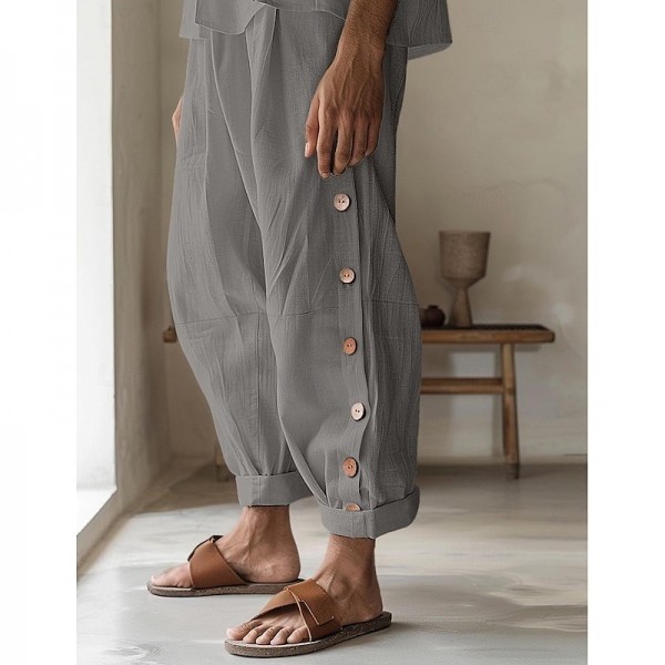 Men&#039;s Linen Pants Trousers Summer Pants Button Front Pocket Side Button Plain Comfort Breathable Full Length Casual Daily Holiday Fashion Basic Black White