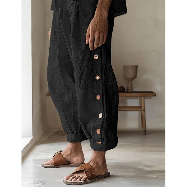 Men&#039;s Linen Pants Trousers Summer Pants Button Front Pocket Side Button Plain Comfort Breathable Full Length Casual Daily Holiday Fashion Basic Black White