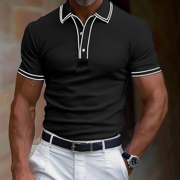Men&#039;s Polo Shirt Golf Shirt Work Business Ribbed Polo Collar Classic Short Sleeve Basic Modern Solid Color Patchwork Button Spring &amp; Summer Regular Fit Black Burgundy Navy Blue Royal Blue Polo Shirt