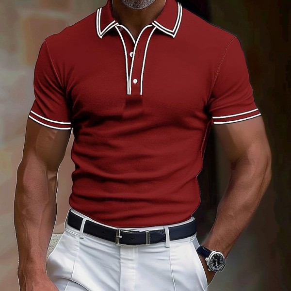 Men&#039;s Polo Shirt Golf Shirt Work Business Ribbed Polo Collar Classic Short Sleeve Basic Modern Solid Color Patchwork Button Spring &amp; Summer Regular Fit Black Burgundy Navy Blue Royal Blue Polo Shirt