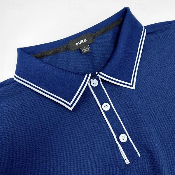 Men&#039;s Polo Shirt Golf Shirt Work Business Ribbed Polo Collar Classic Short Sleeve Basic Modern Solid Color Patchwork Button Spring &amp; Summer Regular Fit Black Burgundy Navy Blue Royal Blue Polo Shirt