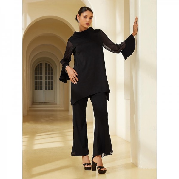 Modal High Neck Flare Cuff Blouse