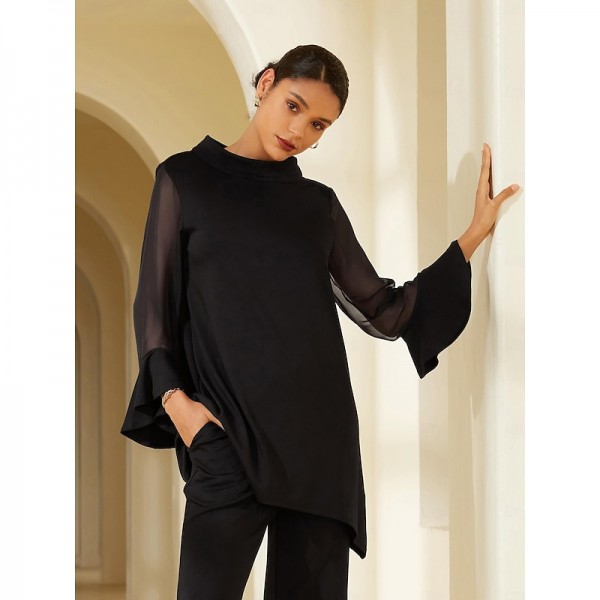 Modal High Neck Flare Cuff Blouse