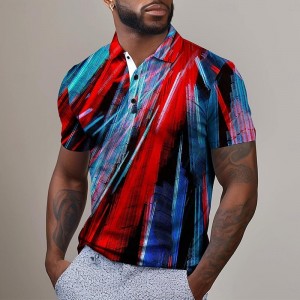 Gradient Linear Men&#039;s Casual 3D Polo Shirt Street Daily Holiday Polyester Short Sleeve Turndown Polo Shirts Red Spring &amp; Summer S M L Micro-elastic Lapel Polo