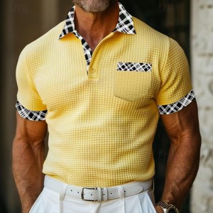 Men&#039;s Business Polo Golf Shirt Work Casual Lapel Ribbed Polo Collar Short Sleeve Basic Modern Color Block Patchwork Button Spring &amp; Summer Regular Fit Light Yellow milk white khaki Gray Business Polo