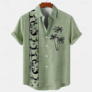 Men&#039;s 18.6% Linen 63.2% Polyester 18.2% Cellulose Fiber Recycled Fiber Linen Shirt Coconut Tree Graphic Prints Print Short Sleeve Stand Collar Blue, Brown, Green Shirt Outdoor Street Casual
