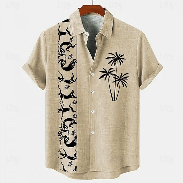 Men&#039;s 18.6% Linen 63.2% Polyester 18.2% Cellulose Fiber Recycled Fiber Linen Shirt Coconut Tree Graphic Prints Print Short Sleeve Stand Collar Blue, Brown, Green Shirt Outdoor Street Casual