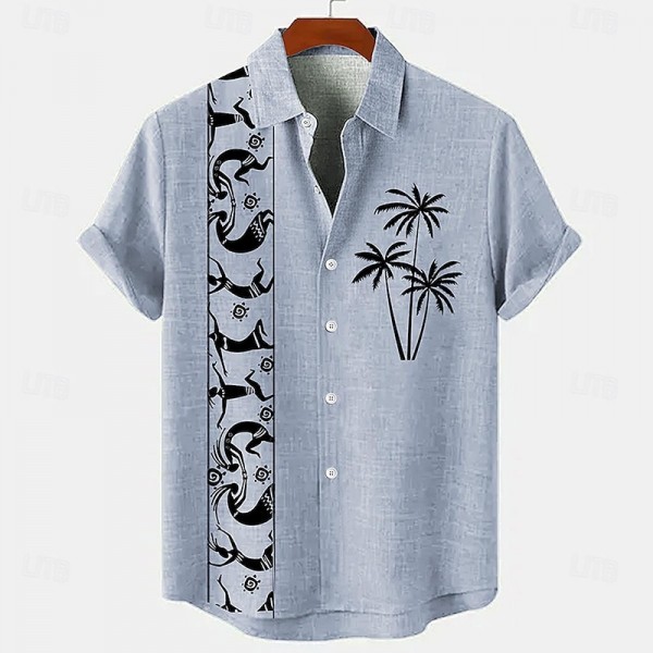 Men&#039;s 18.6% Linen 63.2% Polyester 18.2% Cellulose Fiber Recycled Fiber Linen Shirt Coconut Tree Graphic Prints Print Short Sleeve Stand Collar Blue, Brown, Green Shirt Outdoor Street Casual