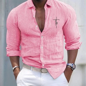 Men&#039;s Shirt Cotton Linen Shirt White Cotton Shirt Casual Shirt Cotton Shirt Black White Pink Long Sleeve Cross Lapel Spring &amp;  Fall Hawaiian Holiday Clothing Apparel Button-Down