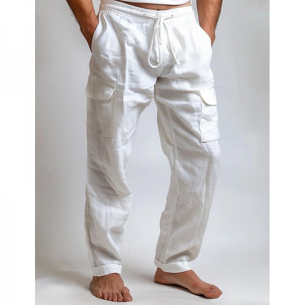 Men's Cargo Pants Linen Pants Trousers Summer Pants Drawstring Elastic Waist Multi Pocket Plain Comfort Breathable Full Length Outdoor Daily Going out Fashion Casual Black White Inelastic Men's Cargo Pants Linen Pants Trousers Summer Pants Drawstring Elastic Waist Multi Pocket Plain Comfort Breathable Full Length Outdoor Daily Going out Fashion Casual Black White Inelastic