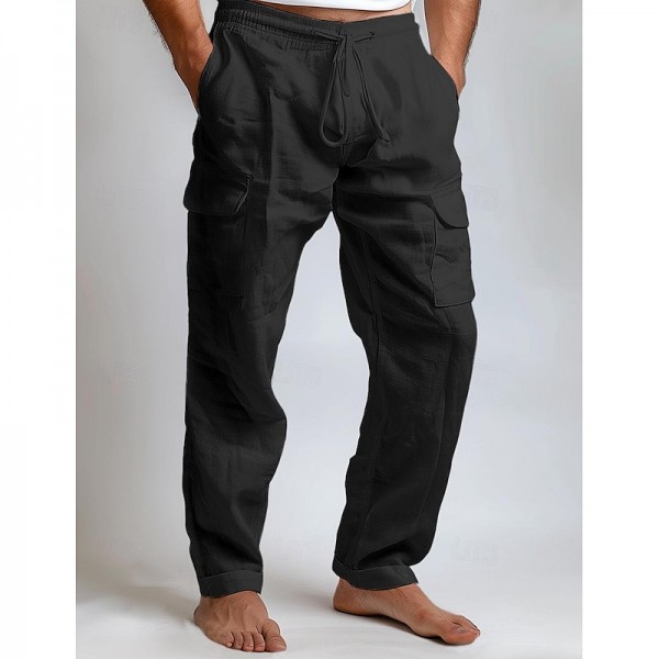 Men's Cargo Pants Linen Pants Trousers Summer Pants Drawstring Elastic Waist Multi Pocket Plain Comfort Breathable Full Length Outdoor Daily Going out Fashion Casual Black White Inelastic Men's Cargo Pants Linen Pants Trousers Summer Pants Drawstring Elastic Waist Multi Pocket Plain Comfort Breathable Full Length Outdoor Daily Going out Fashion Casual Black White Inelastic