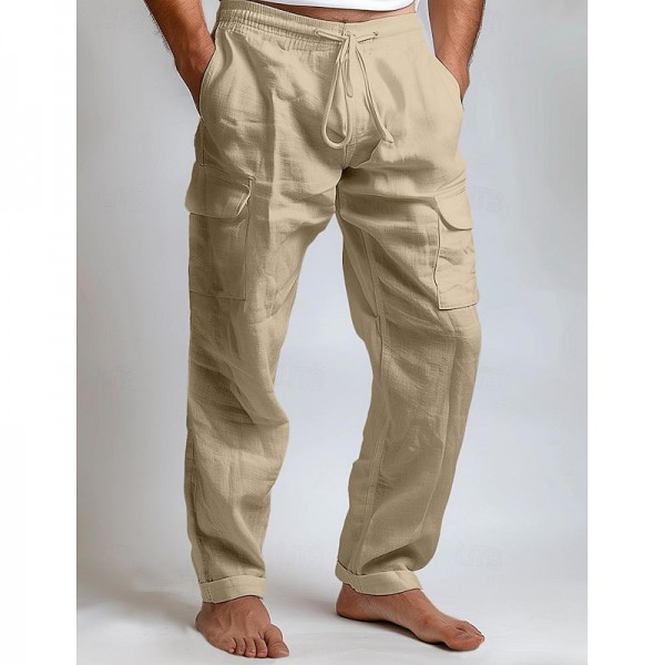 Men's Cargo Pants Linen Pants Trousers Summer Pants Drawstring Elastic Waist Multi Pocket Plain Comfort Breathable Full Length Outdoor Daily Going out Fashion Casual Black White Inelastic Men's Cargo Pants Linen Pants Trousers Summer Pants Drawstring Elastic Waist Multi Pocket Plain Comfort Breathable Full Length Outdoor Daily Going out Fashion Casual Black White Inelastic