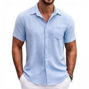 Men&#039;s Shirt Button Up Shirt Casual Shirt Summer Shirt Beach Shirt Black White khaki Light Blue Short Sleeve Plain Turndown Hawaiian Holiday Pocket Clothing Apparel Fashion Casual Comfortable