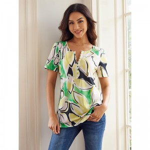 Women&#039;s Summer Tops Floral Button Print Weekend Basic Short Sleeve Round Neck Green Summer