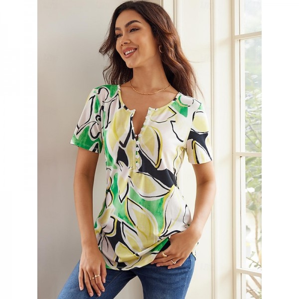Women's Summer Tops Floral Button Print Weekend Basic Short Sleeve Round Neck Green Summer Women's Summer Tops Floral Button Print Weekend Basic Short Sleeve Round Neck Green Summer