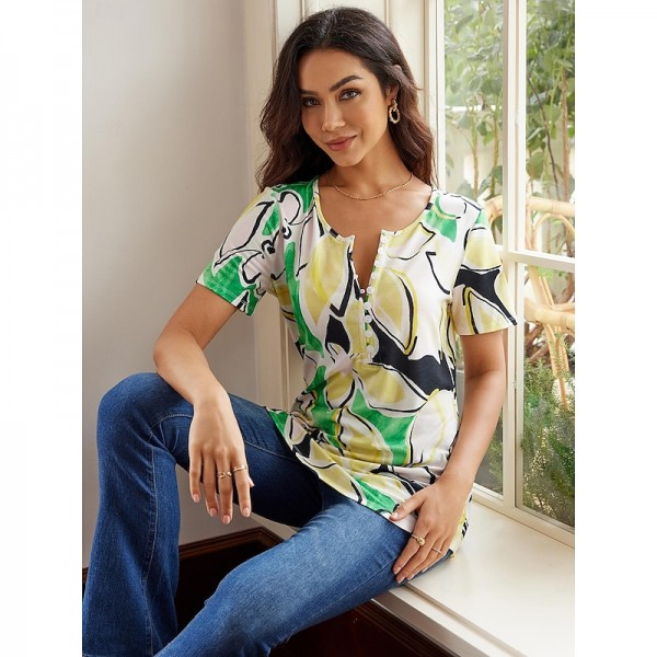 Women's Summer Tops Floral Button Print Weekend Basic Short Sleeve Round Neck Green Summer Women's Summer Tops Floral Button Print Weekend Basic Short Sleeve Round Neck Green Summer