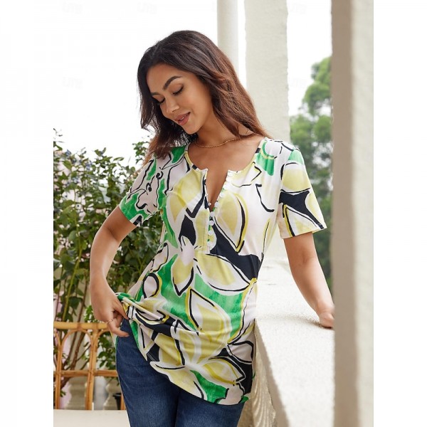 Women's Summer Tops Floral Button Print Weekend Basic Short Sleeve Round Neck Green Summer Women's Summer Tops Floral Button Print Weekend Basic Short Sleeve Round Neck Green Summer