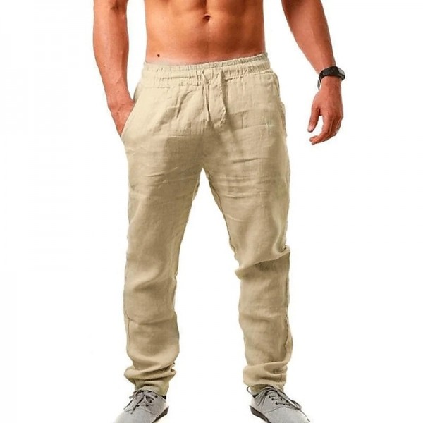 Men&#039;s Linen Pants Trousers Beach Pants Pocket Drawstring Elastic Waistband Plain Comfort Breathable Daily Stylish Hip Hop Light Khaki Black Micro-elastic
