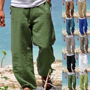 Men&#039;s Linen Pants Trousers Summer Pants Beach Pants Drawstring Elastic Waist Straight Leg Plain Comfort Yoga Daily Fashion Streetwear Navy Black