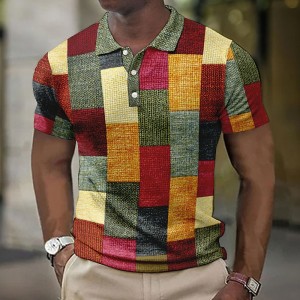 Men&#039;s Polo Shirt Waffle Polo Shirt Lapel Polo Button Up Polos Golf Shirt Plaid Graphic Prints Geometry Turndown Light Yellow Crystal / Orange Yellow Black / Brown Army Green Outdoor Street Short