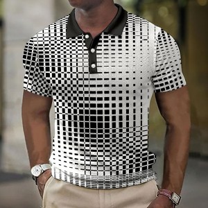 Men&#039;s Polo Shirt Waffle Polo Shirt Lapel Polo Button Up Polos Golf Shirt Plaid / Check Graphic Prints Geometry Turndown Blue-Green White Yellow Pink Blue Outdoor Street Short Sleeve Print Clothing