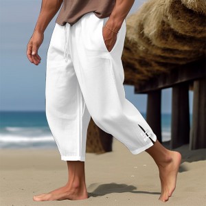 Men&#039;s Linen Pants Summer Pants Cropped Pants Beach Pants Drawstring Elastic Waist Plain Comfort Breathable Calf-Length Casual Daily Holiday Fashion Classic Style Black White