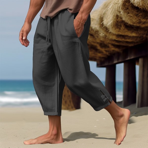 Men's Linen Pants Summer Pants Cropped Pants Beach Pants Drawstring Elastic Waist Plain Comfort Breathable Calf-Length Casual Daily Holiday Fashion Classic Style Black White Men's Linen Pants Summer Pants Cropped Pants Beach Pants Drawstring Elastic Waist Plain Comfort Breathable Calf-Length Casual Daily Holiday Fashion Classic Style Black White
