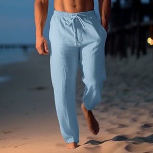 Men&#039;s Linen Pants Trousers Summer Pants Beach Pants Drawstring Elastic Waist Straight Leg Plain Comfort Breathable Casual Daily Holiday Fashion Classic Style Light Khaki Black