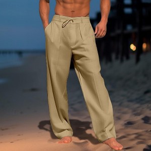 Men&#039;s Linen Pants Trousers Summer Pants Beach Pants Drawstring Elastic Waist Pleats Plain Comfort Breathable Casual Daily Holiday Fashion Classic Style Black White