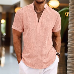 Men&#039;s Shirt Linen Shirt Popover Shirt Summer Shirt Beach Shirt Black White Pink Short Sleeve Plain Henley Summer Casual Daily Clothing Apparel