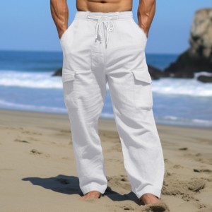 Men&#039;s Cargo Pants Linen Pants Trousers Summer Pants Drawstring Multi Pocket Straight Leg Plain Comfort Breathable Outdoor Daily Going out Fashion Casual Black White