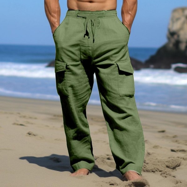 Men&#039;s Cargo Pants Linen Pants Trousers Summer Pants Drawstring Multi Pocket Straight Leg Plain Comfort Breathable Outdoor Daily Going out Fashion Casual Black White