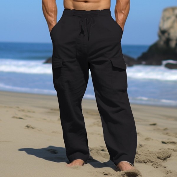 Men&#039;s Cargo Pants Linen Pants Trousers Summer Pants Drawstring Multi Pocket Straight Leg Plain Comfort Breathable Outdoor Daily Going out Fashion Casual Black White