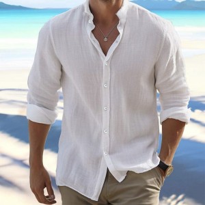 Men&#039;s Shirt Linen Shirt Button Up Shirt Summer Shirt Beach Shirt Black White Pink Long Sleeve Plain Band Collar Spring &amp; Summer Casual Daily Clothing Apparel