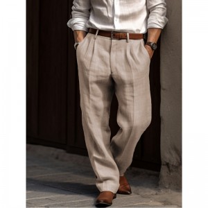 Men&#039;s Linen Pants Trousers Summer Pants Pleated Pants Front Pocket Straight Leg Plain Comfort Breathable Casual Daily Holiday Fashion Basic Black White