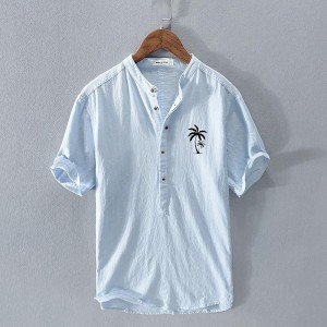 Men&#039;s Shirt Linen Shirt Cotton Linen Shirt Popover Shirt Casual Shirt White Navy Blue Light Blue Short Sleeve Coconut Tree Band Collar Summer Street Hawaiian Clothing Apparel