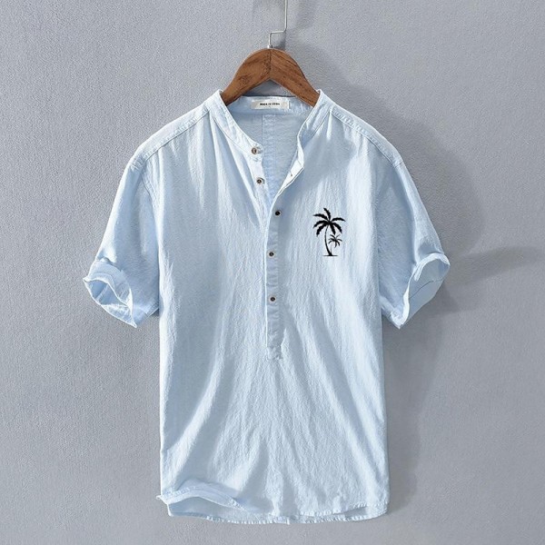 Men's Shirt Linen Shirt Cotton Linen Shirt Popover Shirt Casual Shirt White Navy Blue Light Blue Short Sleeve Coconut Tree Band Collar Summer Street Hawaiian Clothing Apparel Men's Shirt Linen Shirt Cotton Linen Shirt Popover Shirt Casual Shirt White Navy Blue Light Blue Short Sleeve Coconut Tree Band Collar Summer Street Hawaiian Clothing Apparel