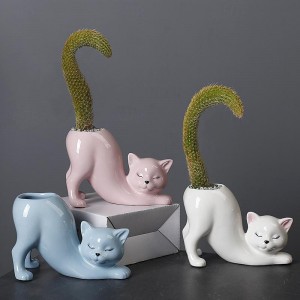 Cat Planter Plant Flower Pot Succulent Pots Succulent Planter Cat Succulent Pots with Drainage Hole Cat Tail Flower Pot Ceramic Cactus Planter Pot Cat Gifts Animal Planter Cute Cat Decor
