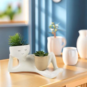 Lazy Little Figure Flower Basin House Desktop Resin Sculpture Miniature Figure Flower Basin House Desktop Ornament for Office, Succulent Planter Pot
