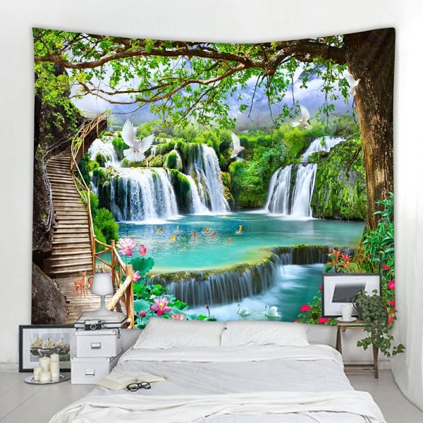 Beautiful wooden ladder waterfall scenery tapestry hanging cloth background cloth decorative cloth hanging cloth Beautiful wooden ladder waterfall scenery tapestry hanging cloth background cloth decorative cloth hanging cloth