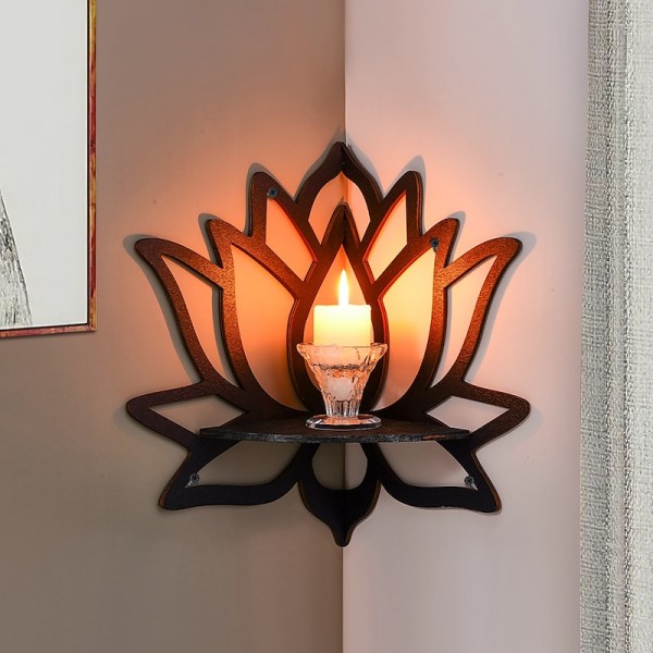 Elegant Wooden Lotus Single Tier Wall Shelf for Home Decor and Storage