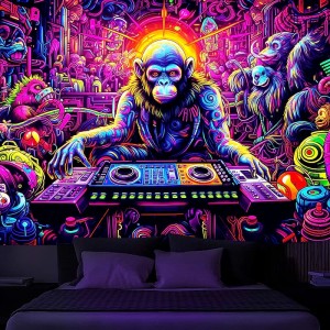 Blacklight Tapestry UV Reactive Glow in the Dark DJ Chimpanzees Animal Trippy Misty Nature Landscape Hanging Tapestry Wall Art Mural for Living Room Bedroom