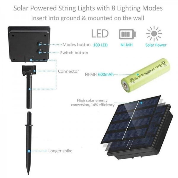 Outdoor Solar LED String Lights Wedding Decoration 10M 33ft 100 LED 8 Lighting Modes Waterproof Fairy Lights Garden Christmas Wedding Birthday Party Holiday Decoration Outdoor Solar LED String Lights Wedding Decoration 10M 33ft 100 LED 8 Lighting Modes Waterproof Fairy Lights Garden Christmas Wedding Birthday Party Holiday Decoration